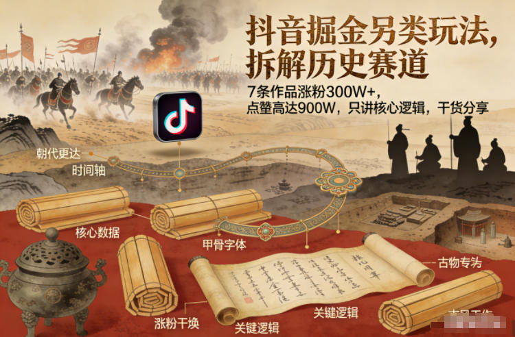 抖音掘金另类玩法，拆解历史赛道，7条作品涨粉300W+，点赞量高达900W，只讲核心逻辑，干货分享-校睿铺