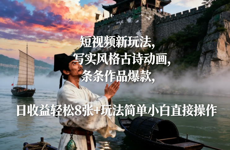 短视频新玩法，写实风格古诗动画，条条作品爆款，日收益轻松8张+玩法简单小白直接操作-校睿铺