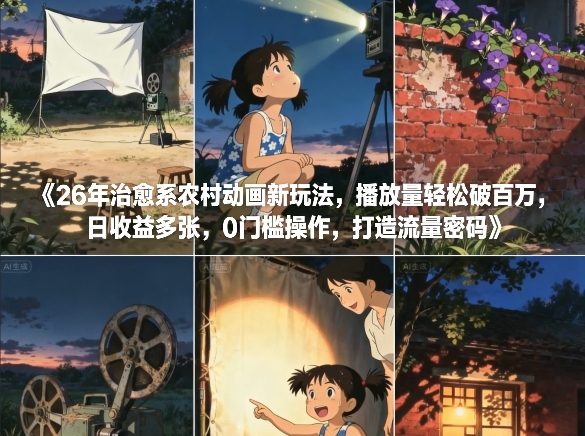 26年治愈系农村动画新玩法，播放量轻松破百万，日收益多张，0门槛操作，打造流量密码-校睿铺