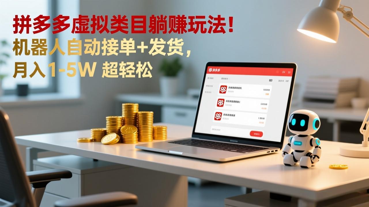多多虚拟类目躺赚玩法！机器人自动接单+发货，月入 1-5W 超轻松-校睿铺