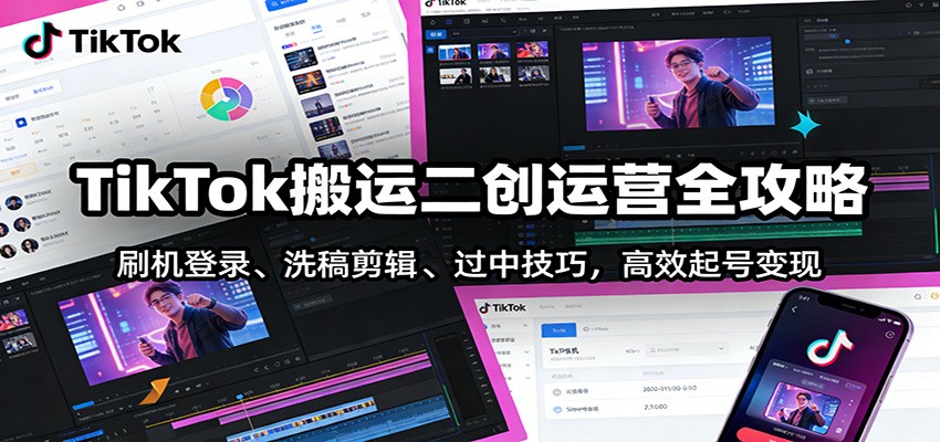 TikTok搬运二创运营全攻略：刷机登录、洗稿剪辑 、过中技巧，高效起号变现-校睿铺