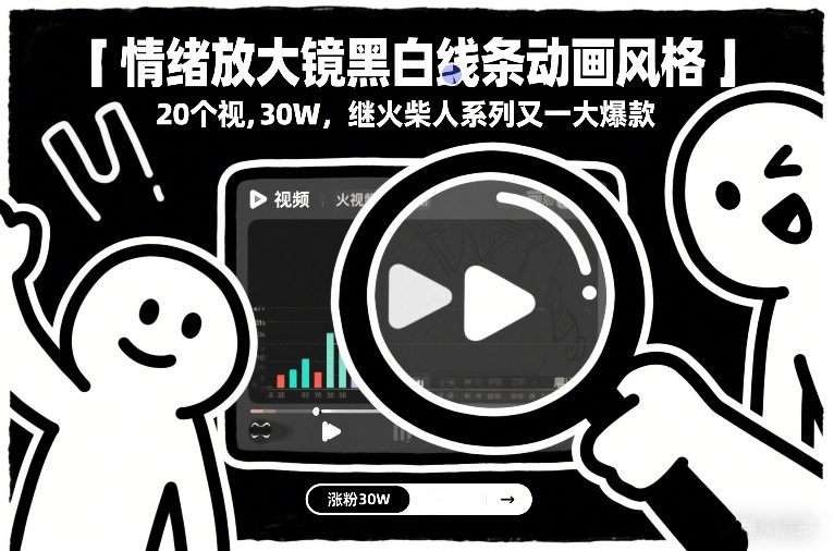 情绪放大镜黑白线条动画风格，20个视频，涨粉30W，继火柴人系列又一大爆款-校睿铺