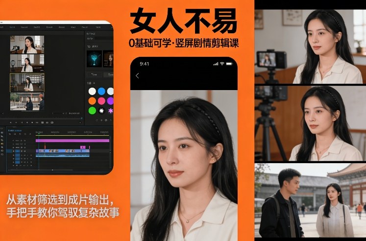 0基础可学！《女人不易》竖屏剧情剪辑课，从素材筛选到成片输出，手把手教你驾驭复杂故事-校睿铺