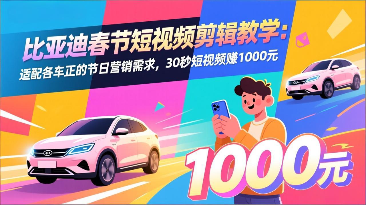 比亚迪春节短视频剪辑教学：适配各车企的节日营销需求，30秒短视频赚1000元-校睿铺