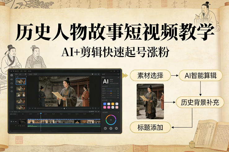 历史人物故事短视频教学，AI+剪辑制作历史人物题材短视频，快速起号涨粉-校睿铺