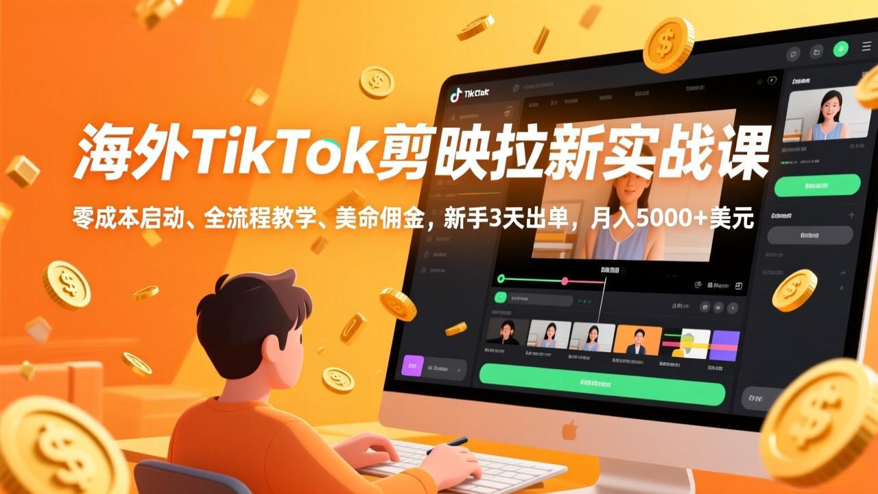 海外TikTok剪映拉新实战课，零成本启动、全流程教学、美金佣金，新手3天出单，月入5000+美元-校睿铺