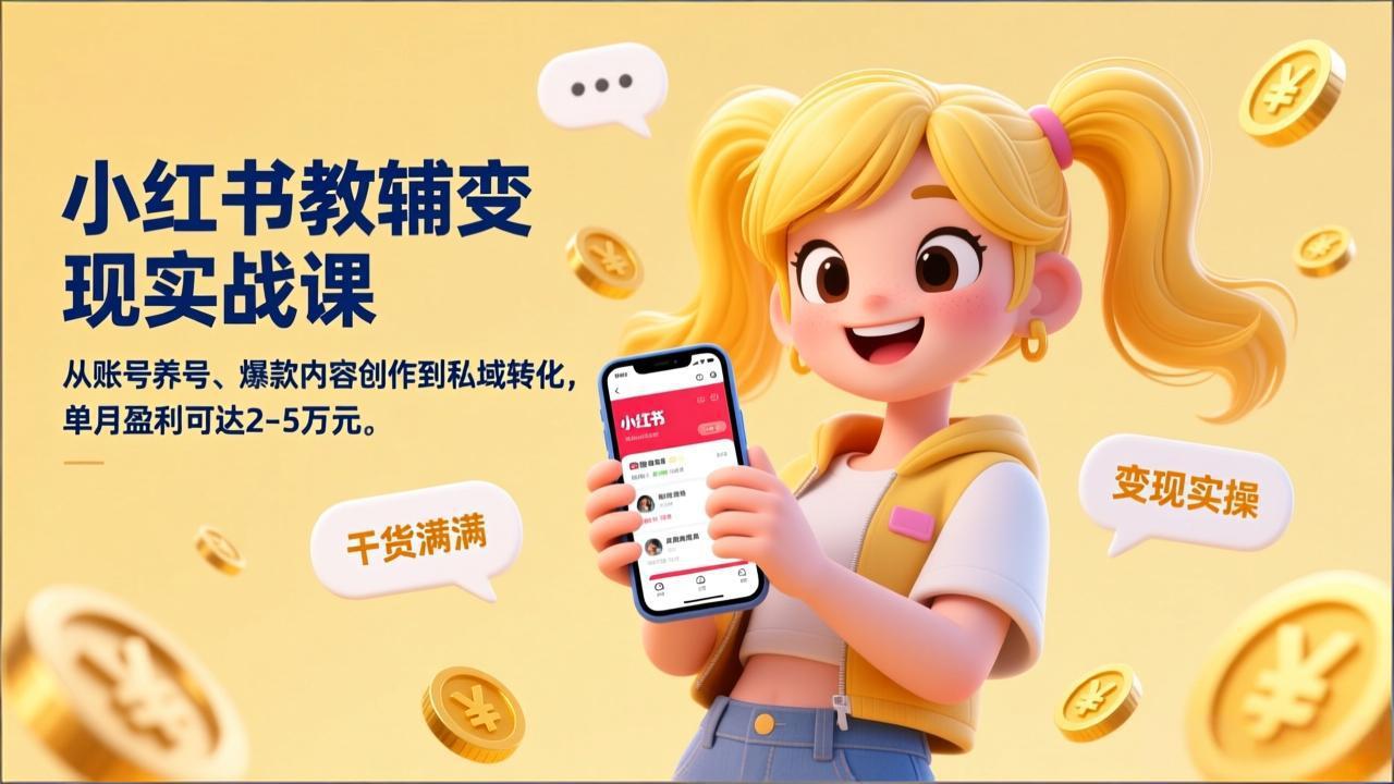 小红书教辅变现实战课，从账号养号、爆款内容创作到私域转化，单月盈利可达2-5万元-校睿铺