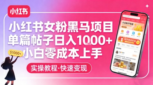 小红书女粉黑马项目，单篇帖子日入1k+，小白零成本上手-校睿铺