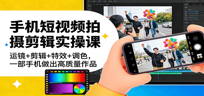 手机短视频拍摄剪辑实操课：运镜+剪辑+特效+调色，一部手机做出高质量作品-校睿铺
