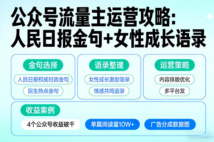 利用人民日报金句+女性成长语录做公众号流量主，4个公众号收益破千-校睿铺
