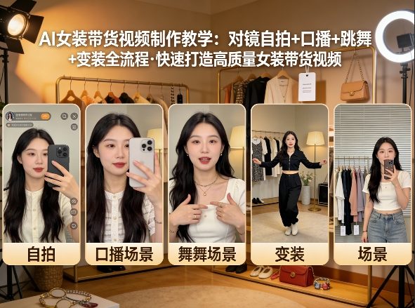 AI女装带货视频制作教学，对镜自拍、口播、跳舞、变装全流程，快速打造高质量女装带货视频-校睿铺