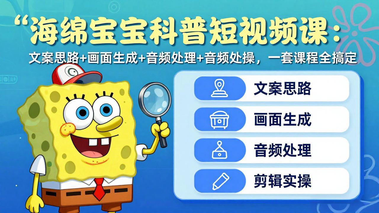 海绵宝宝科普短视频课：文案思路+画面生成+音频处理+剪辑实操，一套课程全搞定-校睿铺