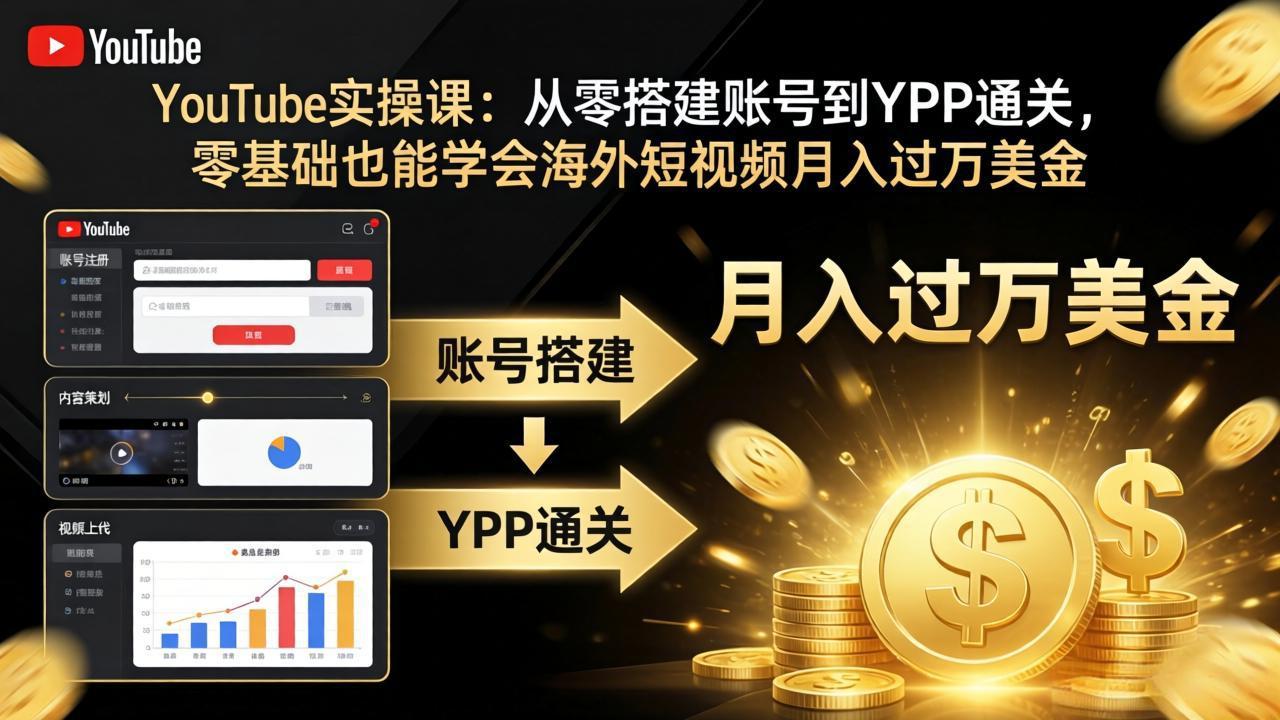 YouTube实操课：从零搭建账号到YPP通关，零基础也能学会海外短视频月入过万美金-校睿铺