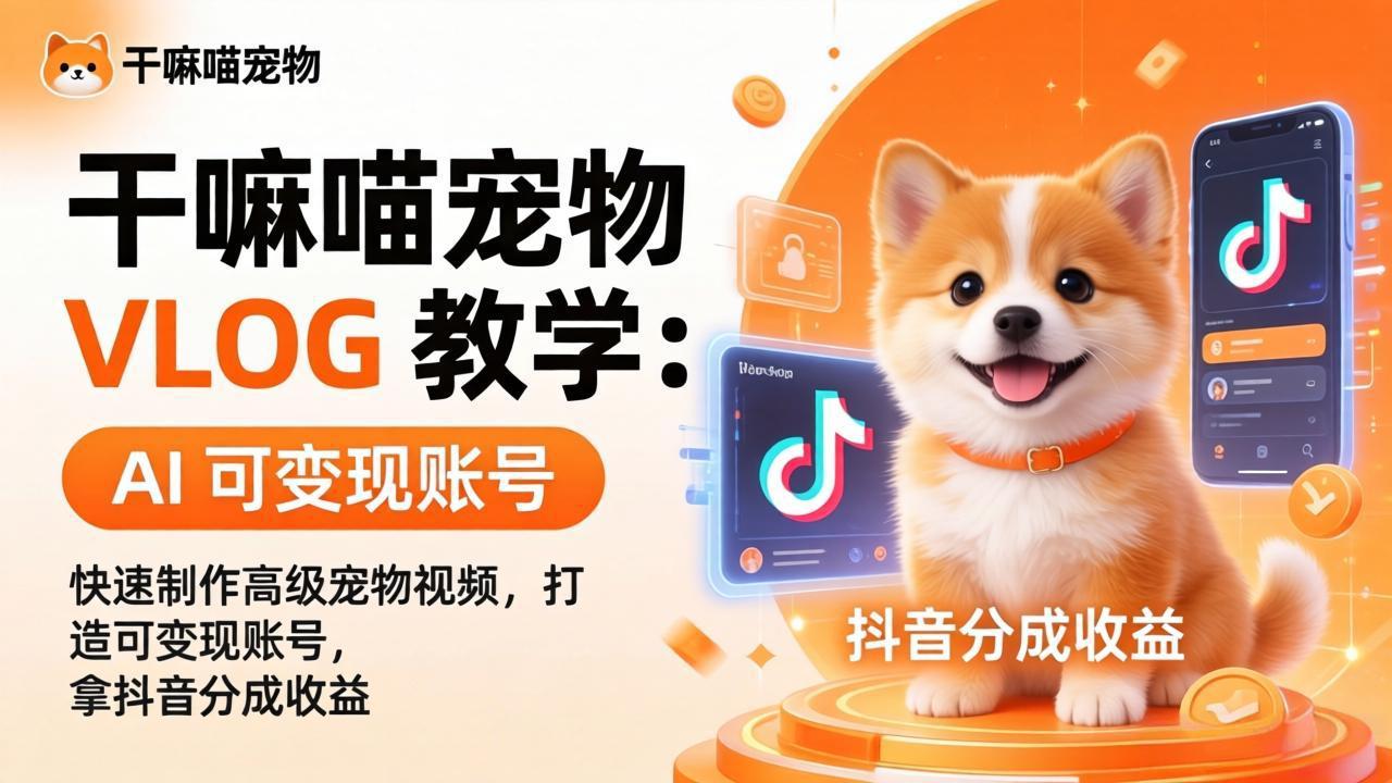 干嘛喵宠物 VLOG 教学：AI 快速制作高级宠物视频，打造可变现账号，拿抖音分成收益-校睿铺