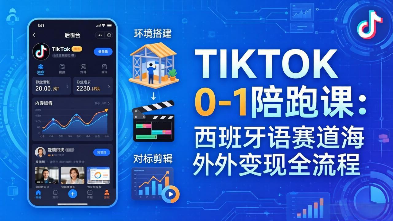 TIKTOK 0-1 陪跑课：从环境搭建到刷对标剪辑，西班牙语赛道海外变现全流程-校睿铺