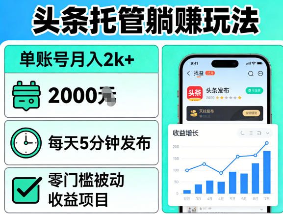 头条托管躺賺玩法，单账号月入2k+，每天5分钟发布即可，零门槛被动收益项目【揭秘】-校睿铺