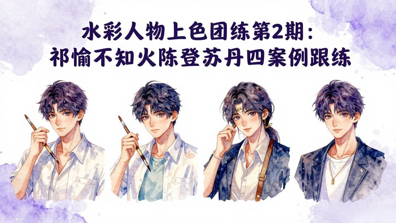 水彩人物上色团练第2期：祁煜不知火陈登苏丹四案例跟练，手把手提升绘画能力-校睿铺