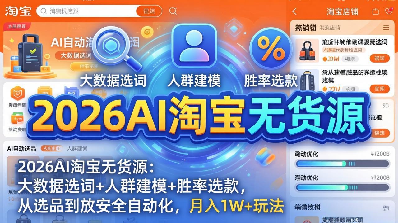 2026AI淘宝无货源-4月更新：大数据选词+人群建模+胜率选款，从选品到放大全自动化，月入1W+玩法-校睿铺