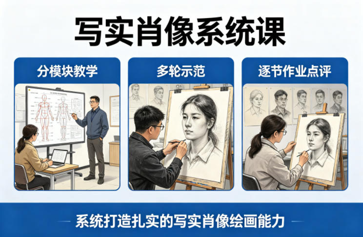 写实肖像系统课，全程分模块教学+多轮示范+逐节作业点评，系统打造扎实的写实肖像绘画能力-校睿铺