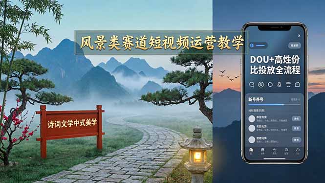 风景类赛道短视频运营教学：诗词文学中式美学，新号养号对标账号定位，DOU+高性价比投放全流程-校睿铺