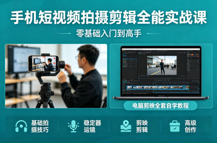 手机短视频拍摄剪辑全能实战课：零基础入门到高手，稳定器运镜+电脑剪映全套自学教程-校睿铺