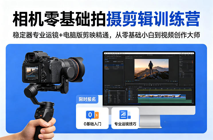相机零基础拍摄剪辑训练营：稳定器专业运镜+电脑版剪映精通，从零基础小白到视频创作大师-校睿铺