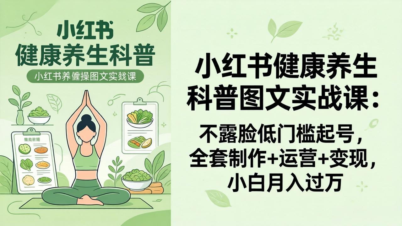 2026小红书健康养生科普图文实战课：不露脸低门槛起号，全套制作+运营+变现，小白月入过万-校睿铺