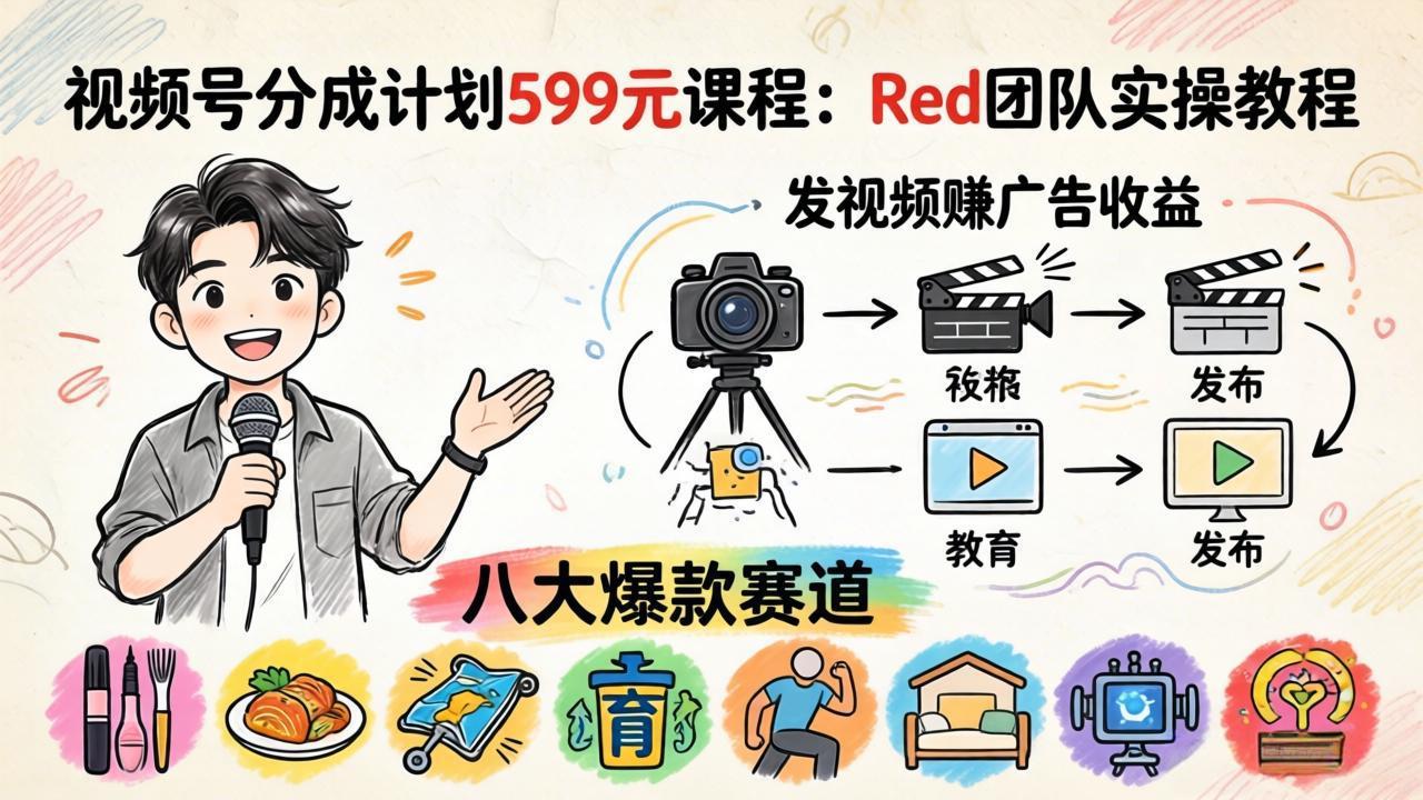 视频号分成计划599元课程：Red团队实操教程，发视频赚广告收益，八大爆款赛道全掌握-校睿铺