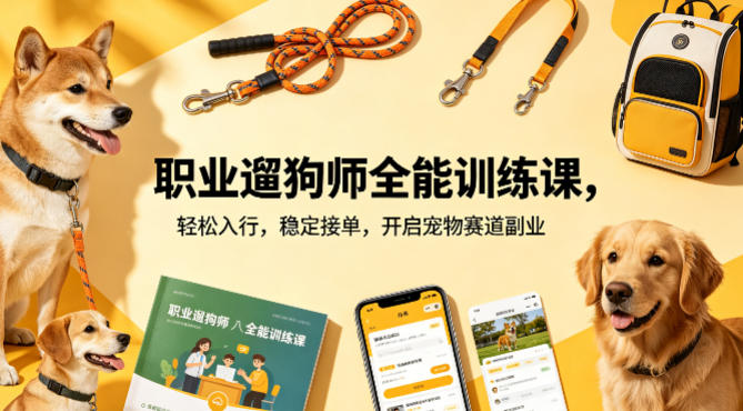 职业遛狗师全能训练课，轻松入行，稳定接单，开启宠物赛道副业-校睿铺