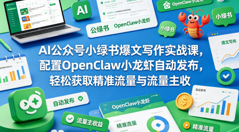 AI公众号小绿书爆文写作实战课，配置OpenClaw小龙虾自动发布，轻松获取精准流量与流量主收益-校睿铺