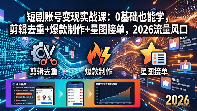 短剧账号变现实战课：0基础也能学，剪辑去重+爆款制作+星图接单，2026流量风口-校睿铺